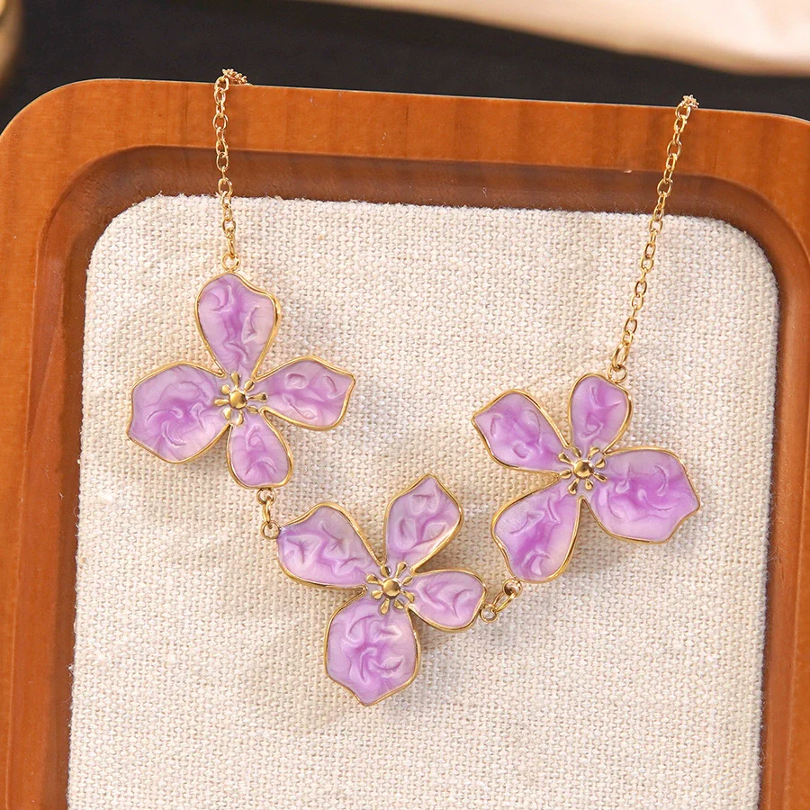 Wholesale Women's Stainless Steel Plants And Flowers Dripping Oil Jewelry Set Necklace And Earrings - Image 2
