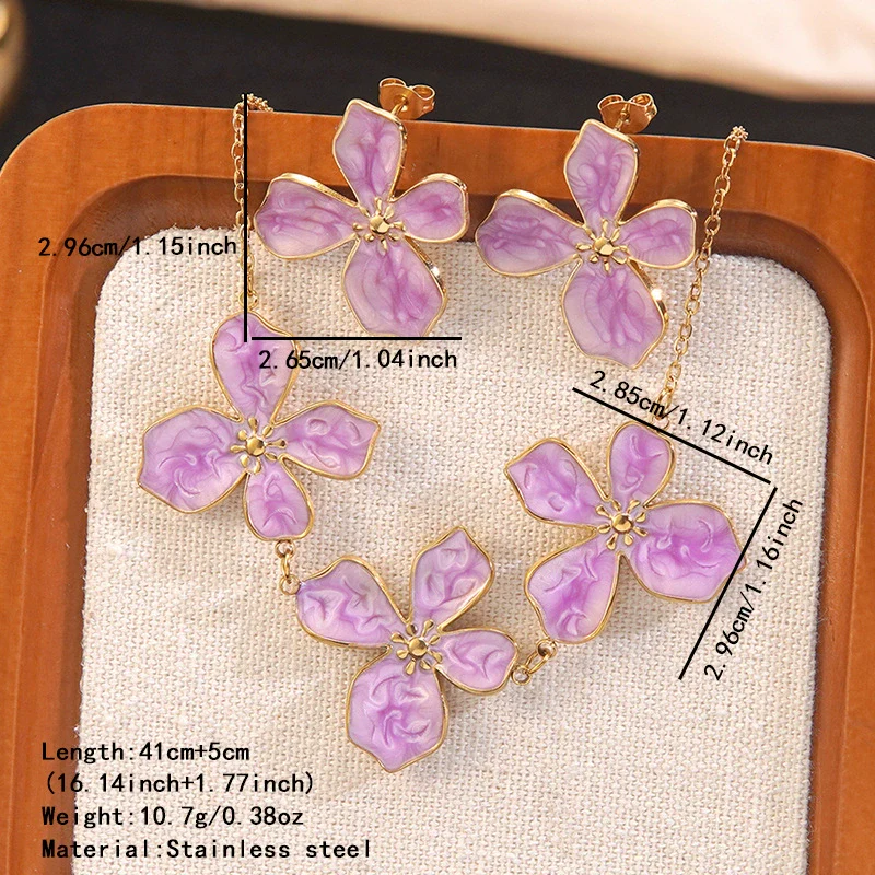 Wholesale Women's Stainless Steel Plants And Flowers Dripping Oil Jewelry Set Necklace And Earrings - Image 4