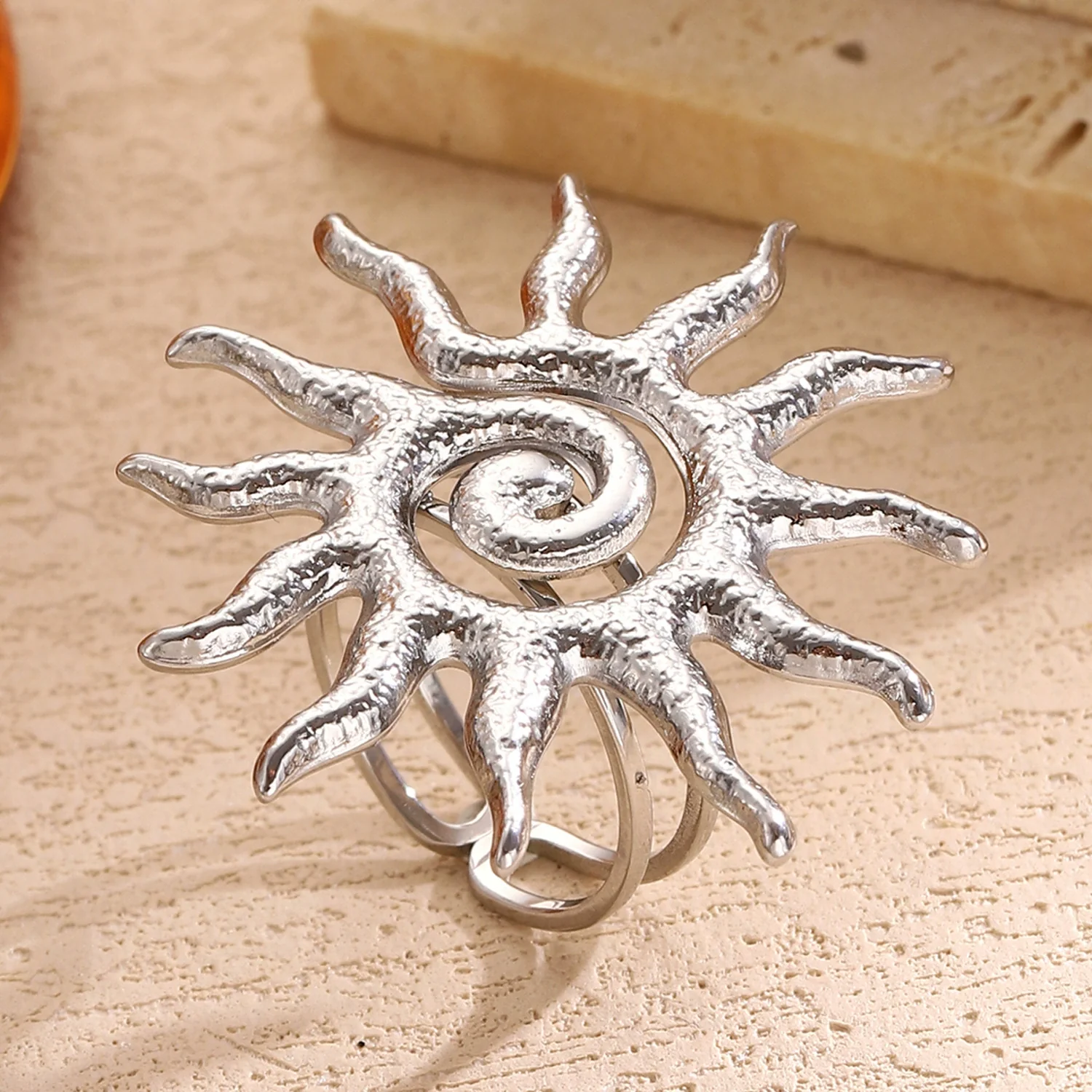 Wholesale Women's Stainless Steel Real Gold Plated Sun Symbol Ring Jewelry Classic Retro Minimalist Style - Image 6