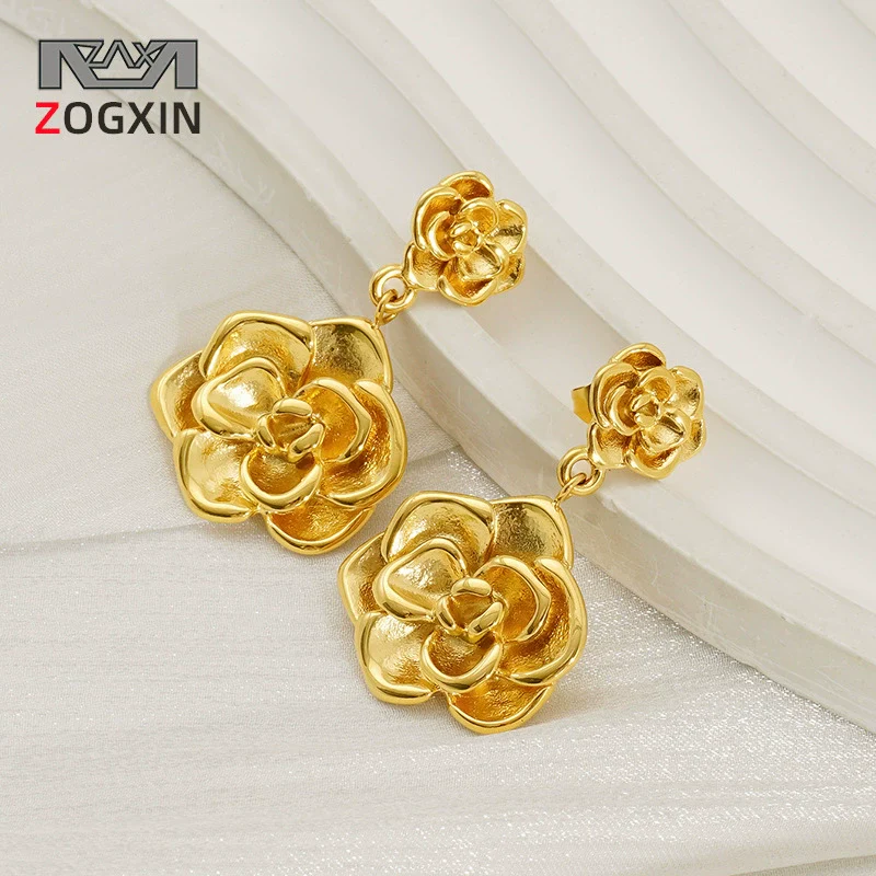 Wholesale Women's 316L Stainless Steel Rose Flower Pendant Earrings With Electroplating
