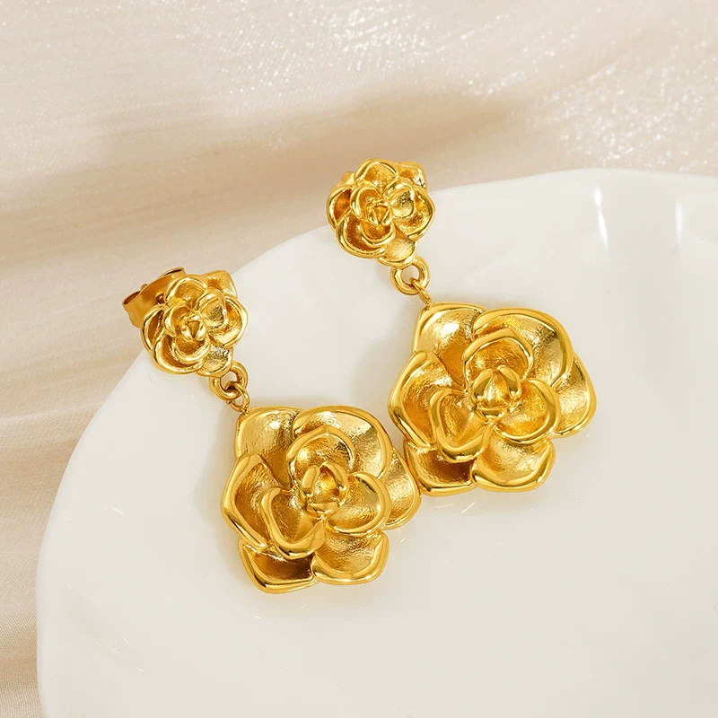 Wholesale Women's 316L Stainless Steel Rose Flower Pendant Earrings With Electroplating - Image 4