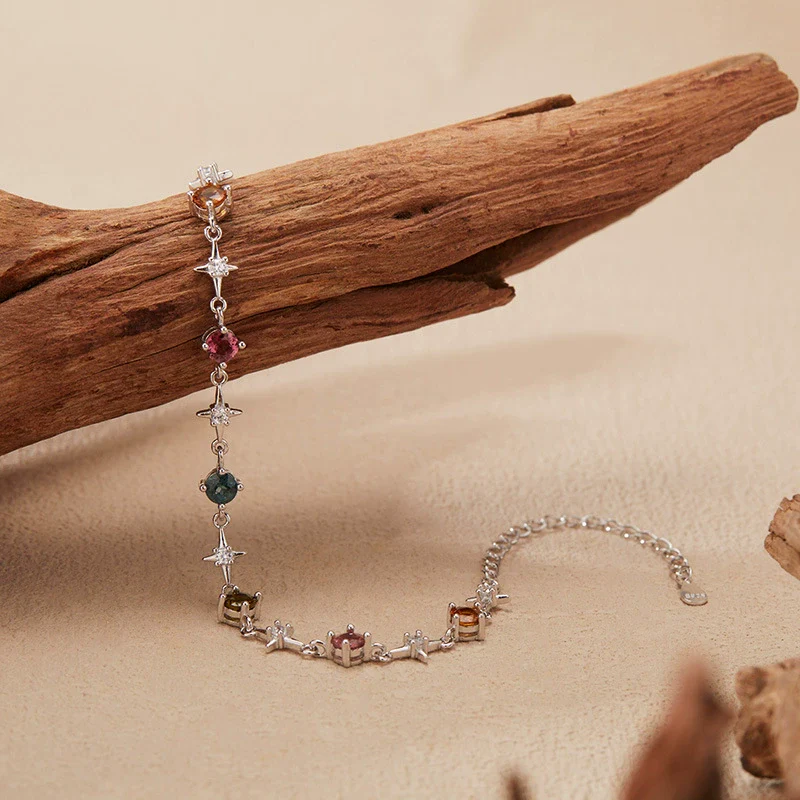 Wholesale Women's Sweet Style Natural Tourmaline S925 Sterling Silver Star Shaped Gemstone Set Bracelet - Image 3