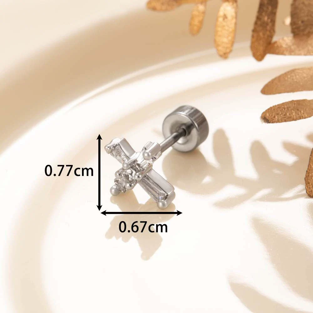 Wholesale Women's Titanium Steel Double Head Screw Ear Nail With Square Zircon And Cross Design Lovely Style - Image 6