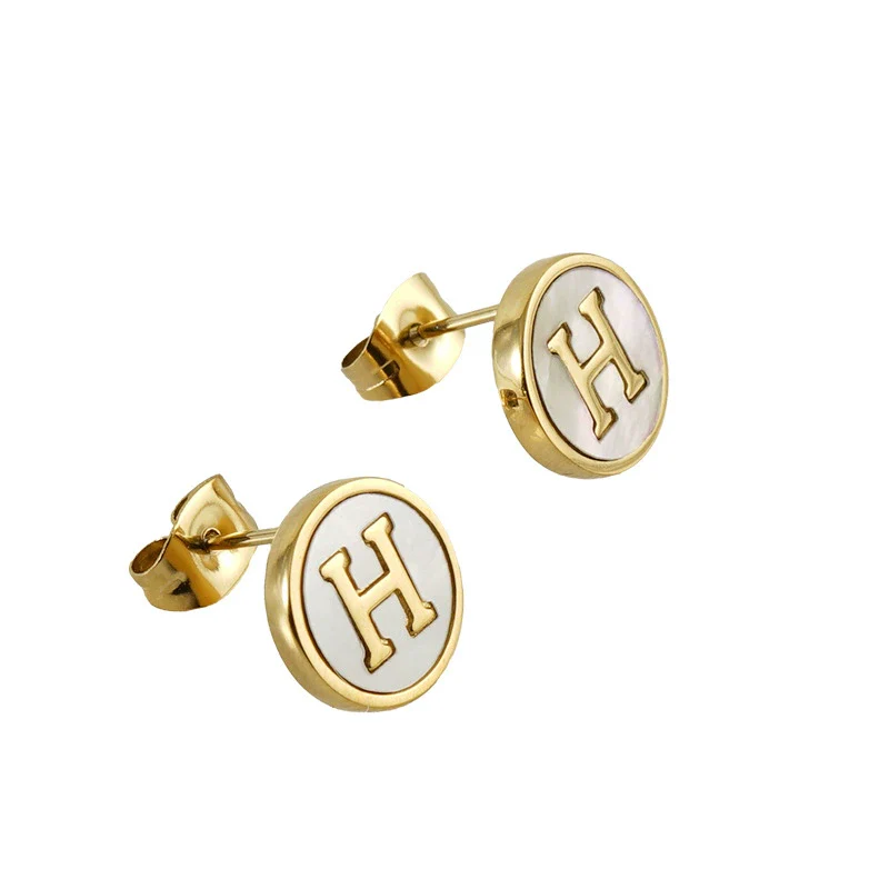 Wholesale Women's 316L Stainless Steel Earrings With Natural Shell Inlay And Letter Pattern Electroplated - Image 12