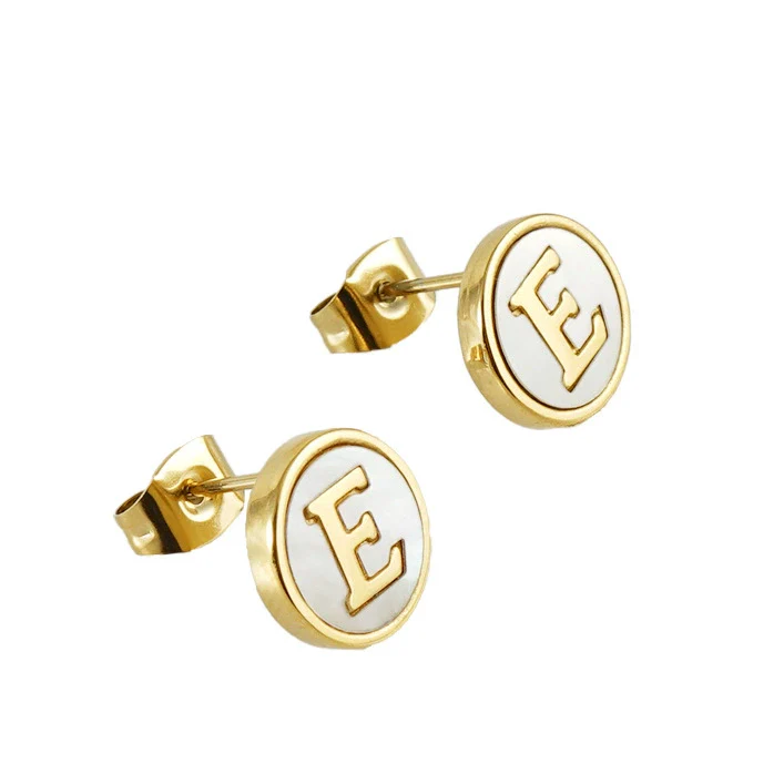Wholesale Women's 316L Stainless Steel Earrings With Natural Shell Inlay And Letter Pattern Electroplated - Image 9