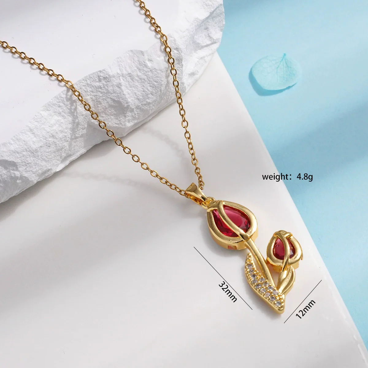 Wholesale Women's Titanium Steel Necklace Copper Gold Plated Cat's Eye Tulip Design With Mixed Gem Inlay And Ochain Light Luxury Flower Pattern - Image 10