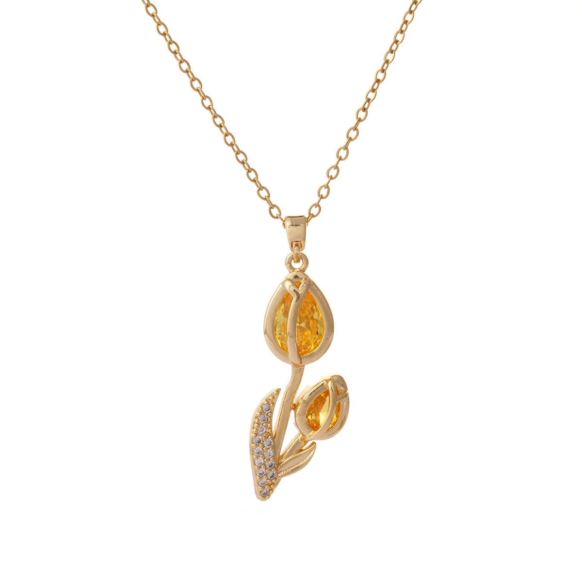 Wholesale Women's Titanium Steel Necklace Copper Gold Plated Cat's Eye Tulip Design With Mixed Gem Inlay And Ochain Light Luxury Flower Pattern - Image 5