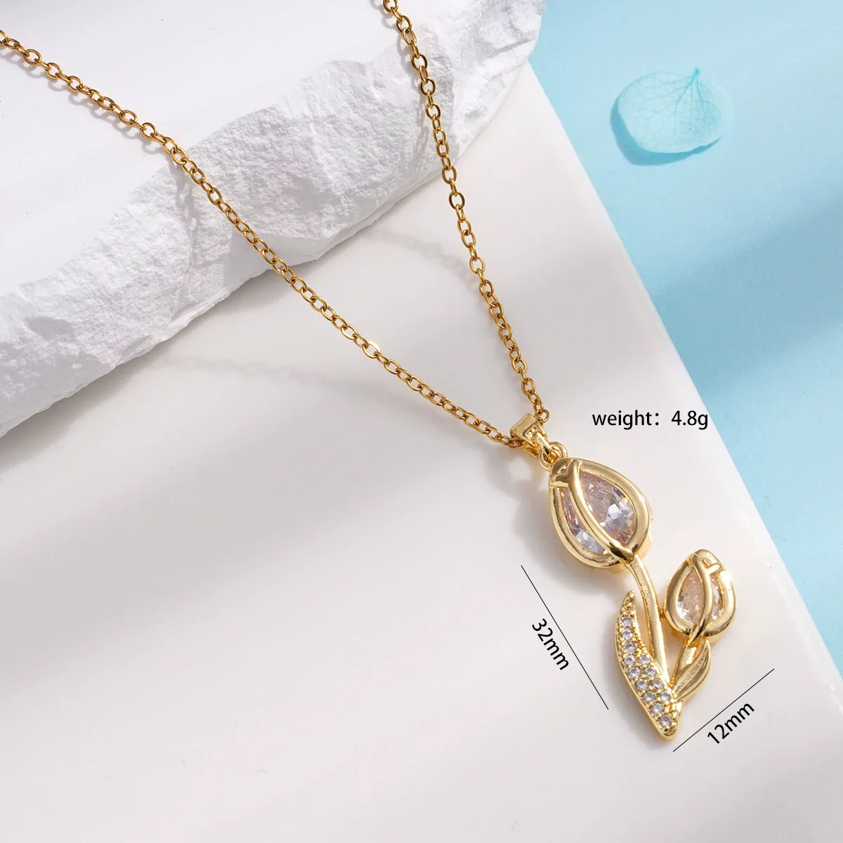 Wholesale Women's Titanium Steel Necklace Copper Gold Plated Cat's Eye Tulip Design With Mixed Gem Inlay And Ochain Light Luxury Flower Pattern - Image 8