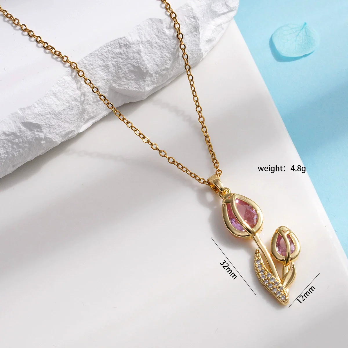 Wholesale Women's Titanium Steel Necklace Copper Gold Plated Cat's Eye Tulip Design With Mixed Gem Inlay And Ochain Light Luxury Flower Pattern - Image 9