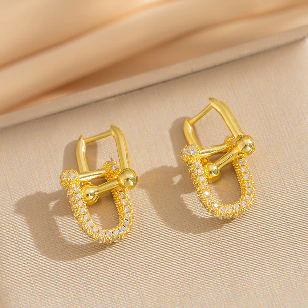 Wholesale Women's Ushaped Gold Plated Copper Electroplated Oval Double Ring Earrings - Image 2