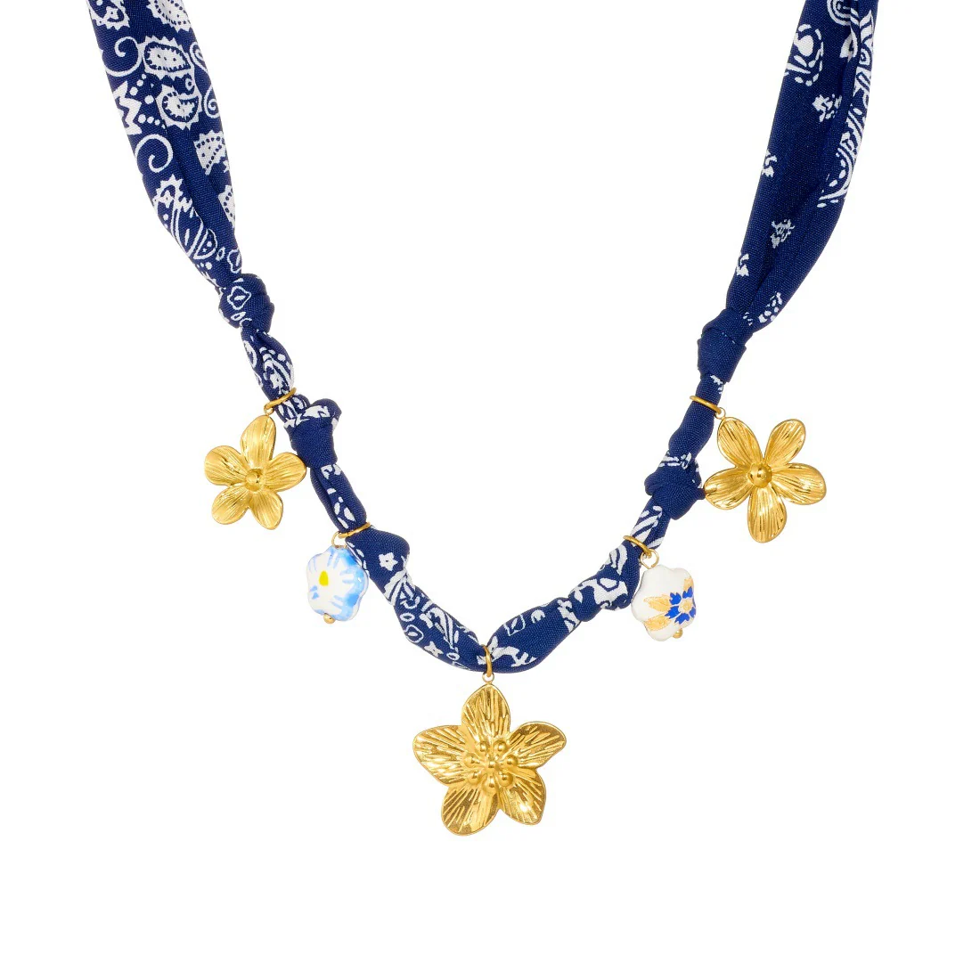 Wholesale Women's Vintage Blue Printed Ceramic Painted Flower Goldplated Stainless Steel Pendant Jewelry Set With Regular Chain Featuring Plants And Flowers Pattern - Image 5