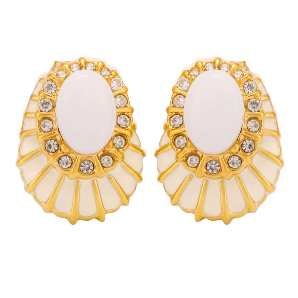 Wholesale Women's Vintage Light Luxury Geometric Diamondencrusted Enamel 18K Goldplated Stainless Steel Earrings - Image 5