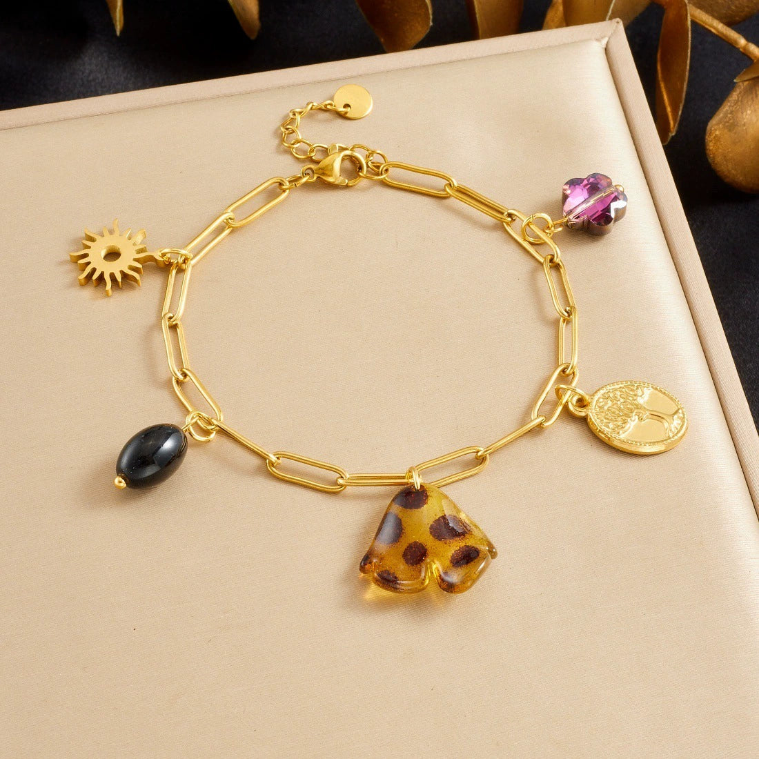 Wholesale Women's Vintage Stainless Steel Electroplated Oval Life Tree Sun Pendant Petal Leopard Print Resin Diy Multi Accessories Chain Bracelet With Flower Pattern