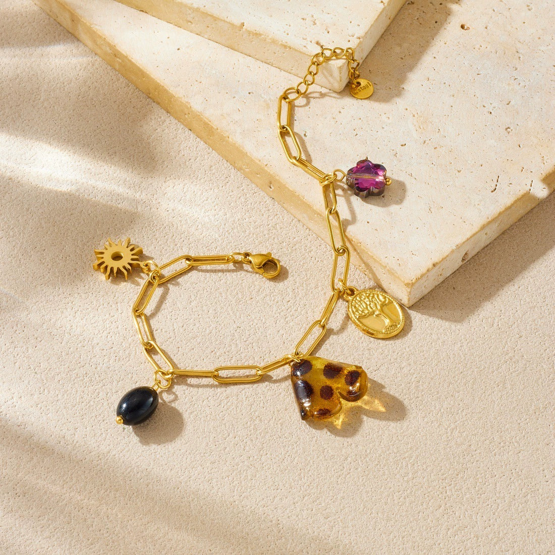 Wholesale Women's Vintage Stainless Steel Electroplated Oval Life Tree Sun Pendant Petal Leopard Print Resin Diy Multi Accessories Chain Bracelet With Flower Pattern - Image 3