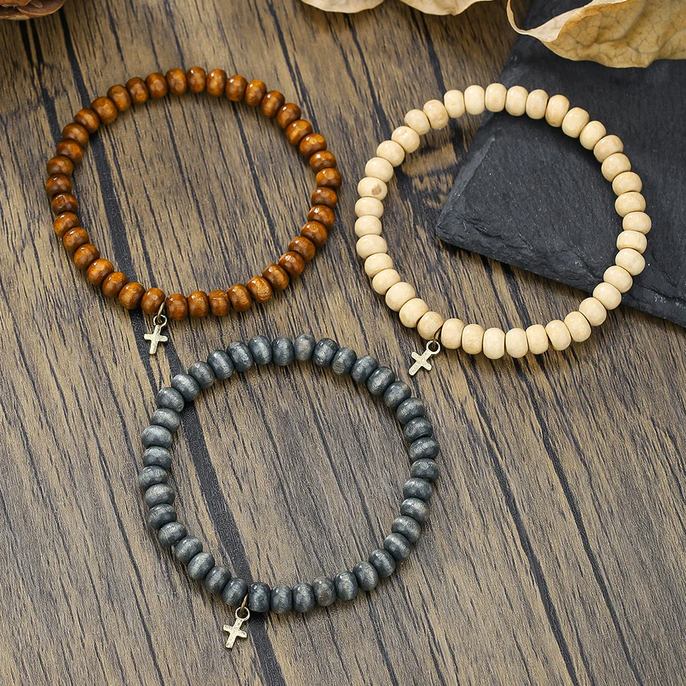 Wholesale Wooden Beads Alloy Handmade Geometric Cross Pendant Bracelet Set - Image 2