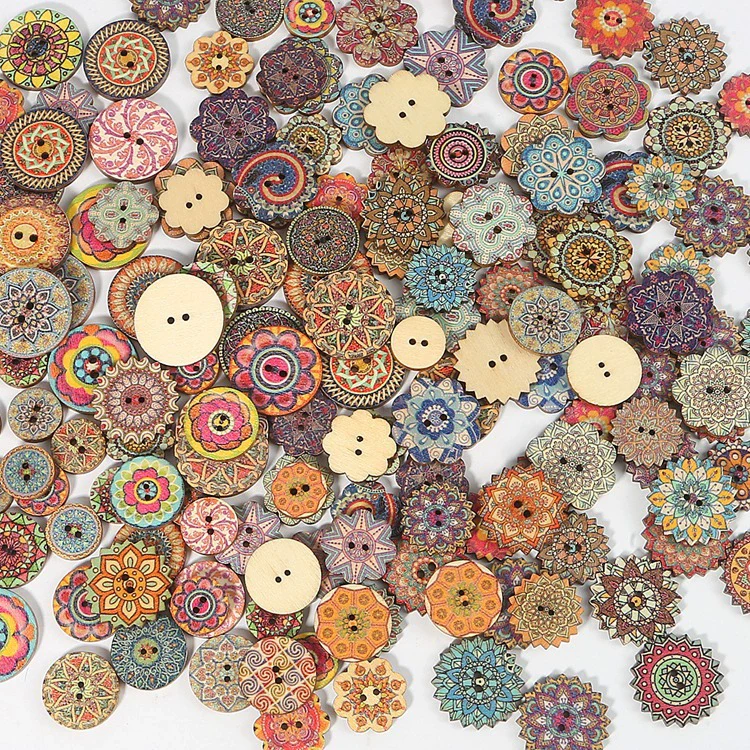 Wholesale Wooden Buttons With Multicolor Printing Flower And Totem Patterns Classic Retro Style