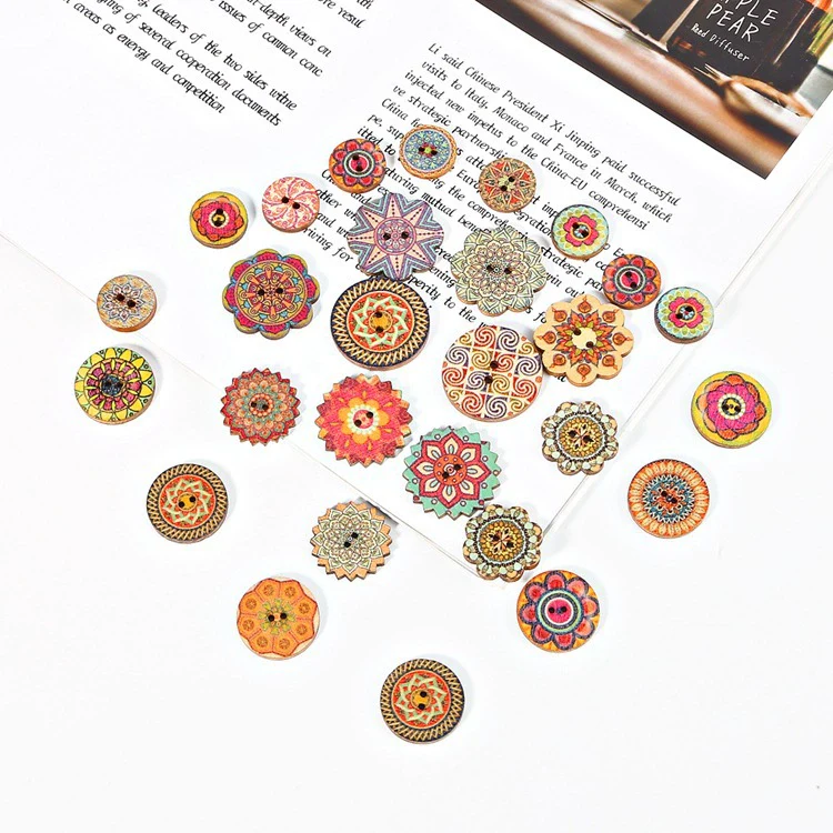 Wholesale Wooden Buttons With Multicolor Printing Flower And Totem Patterns Classic Retro Style - Image 4