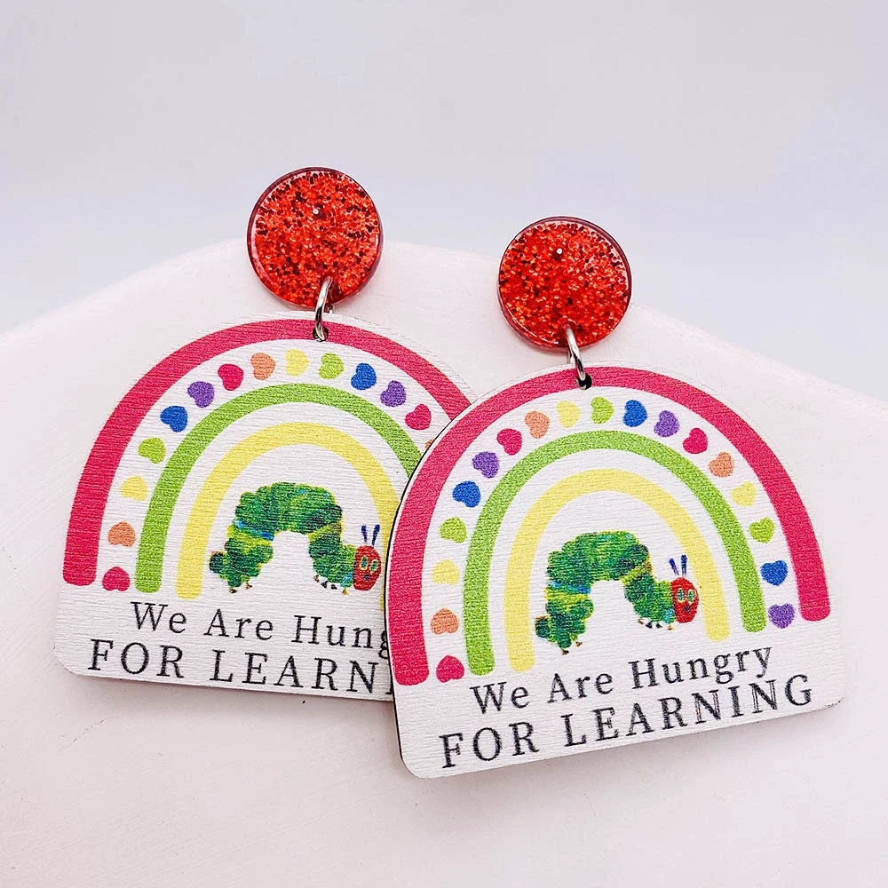 Wholesale Wooden Handmade Women's Earrings With Rainbow Apple Book Leopard Print Geometric Cartoon Characters Ushaped Letters Numbers Text Patterns - Image 5