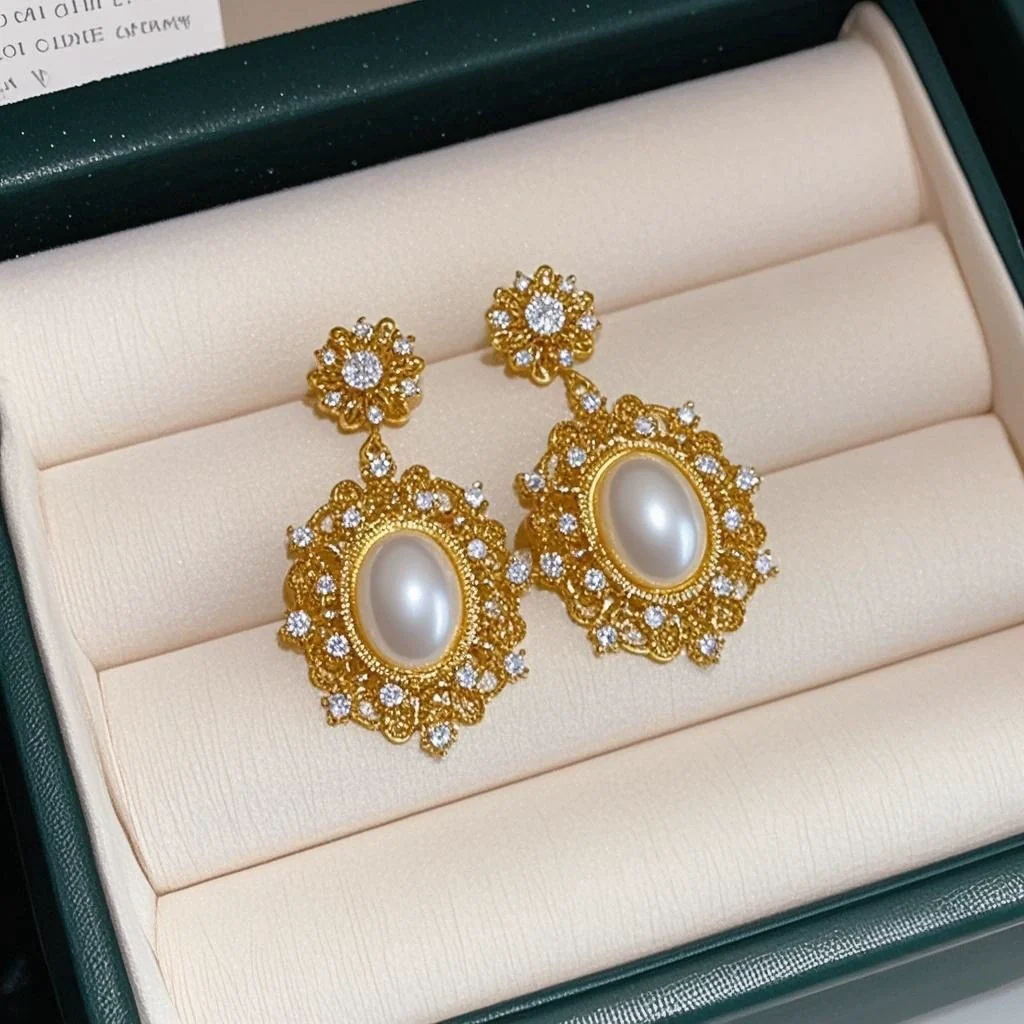 Wholesale Zinc Alloy Rhinestone Pearl Electroplated Geometric Oval Hollow Women's Earrings Retro Elegant Light Luxury - Image 3