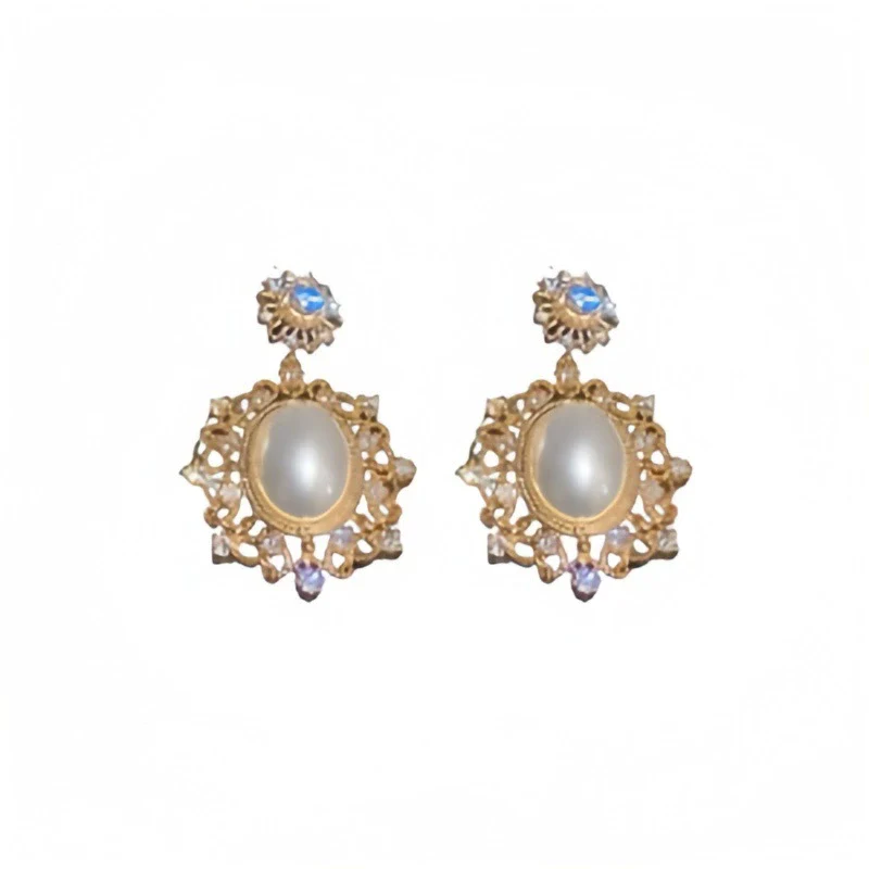 Wholesale Zinc Alloy Rhinestone Pearl Electroplated Geometric Oval Hollow Women's Earrings Retro Elegant Light Luxury - Image 5