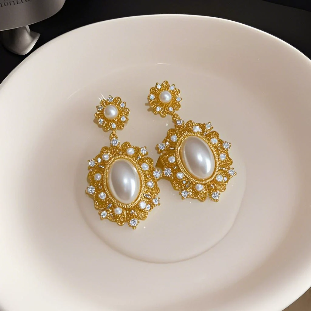 Wholesale Zinc Alloy Rhinestone Pearl Electroplated Geometric Oval Hollow Women's Earrings Retro Elegant Light Luxury - Image 6