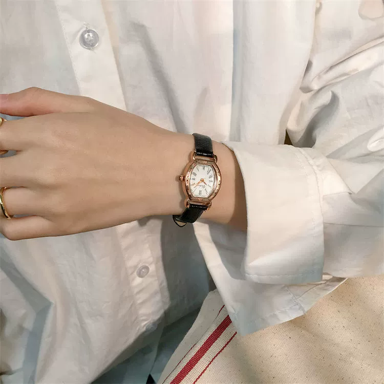 Wine Barrel Quartz Watch Alloy Oval Dial Imitation Leather Strap Stainless Steel Clasp For Female Students - Image 2