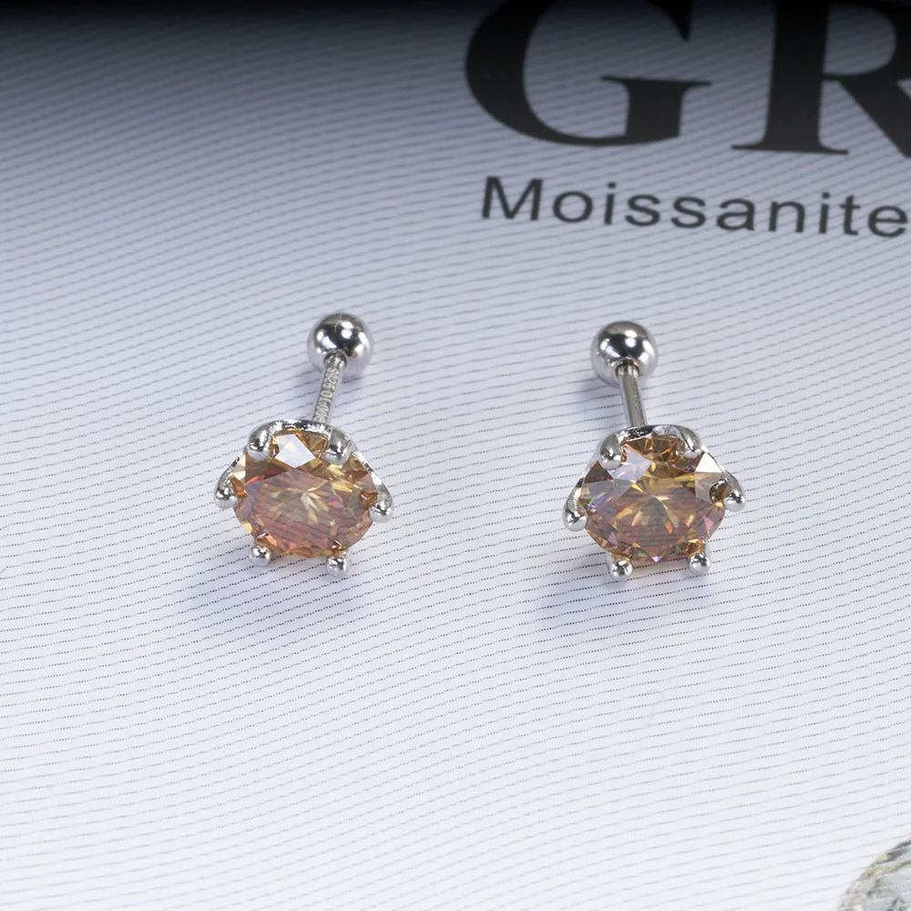 Women's 925 Sterling Silver Classic Round Moissanite Claw Screw Earrings Plated Pt950 Gold - Image 3