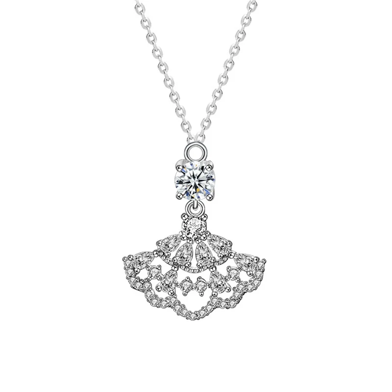 Women's 925 Sterling Silver Moissanite Mini Skirt Clavicle Necklace With Diamond Fan Pendant Jewelry Accessories - Image 3