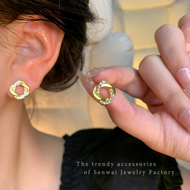 Women's Alloy And 925 Silver Geometric Style Electroplated Earrings With Diamond Studs - Image 2