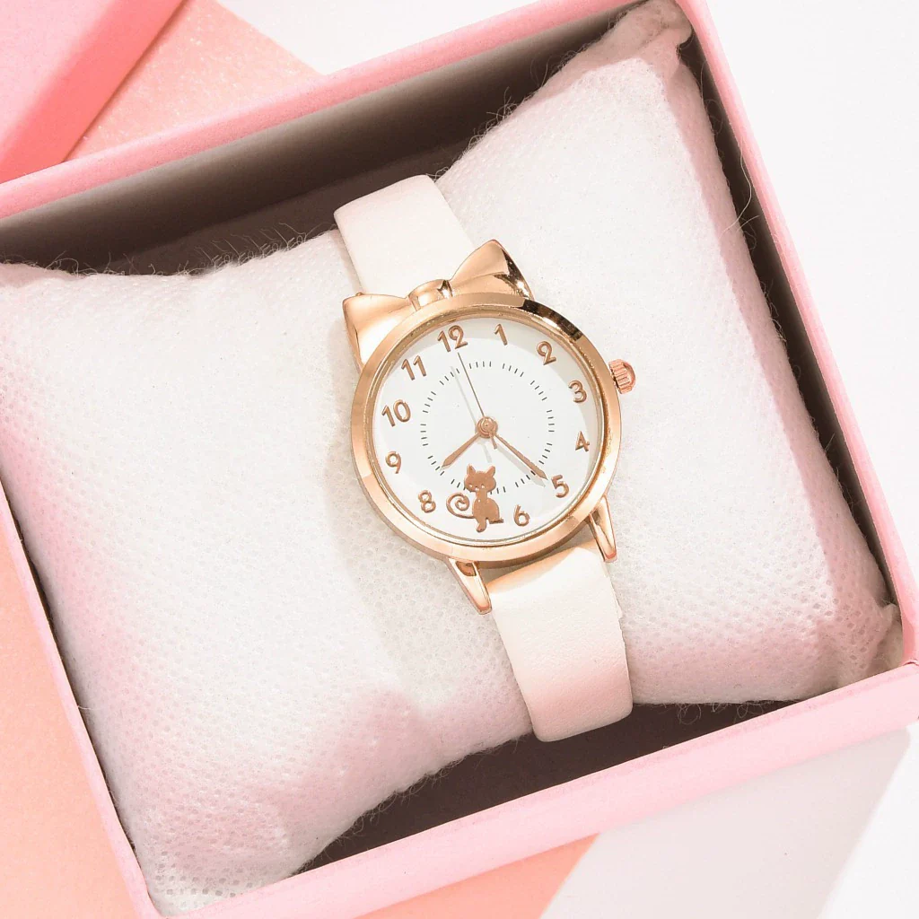 Women's Alloy And Imitation Leather Fresh Cute Cat Quartz Watch With Round Dial And Titanium Buckle - Image 6