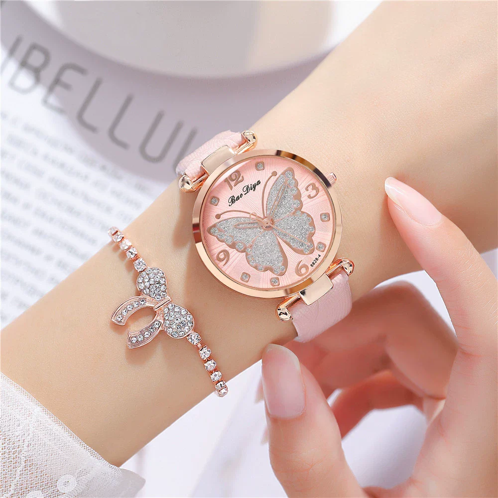 Women's Alloy And Pu Belt Watch With Glitter Face Butterfly Pattern And Round Dial