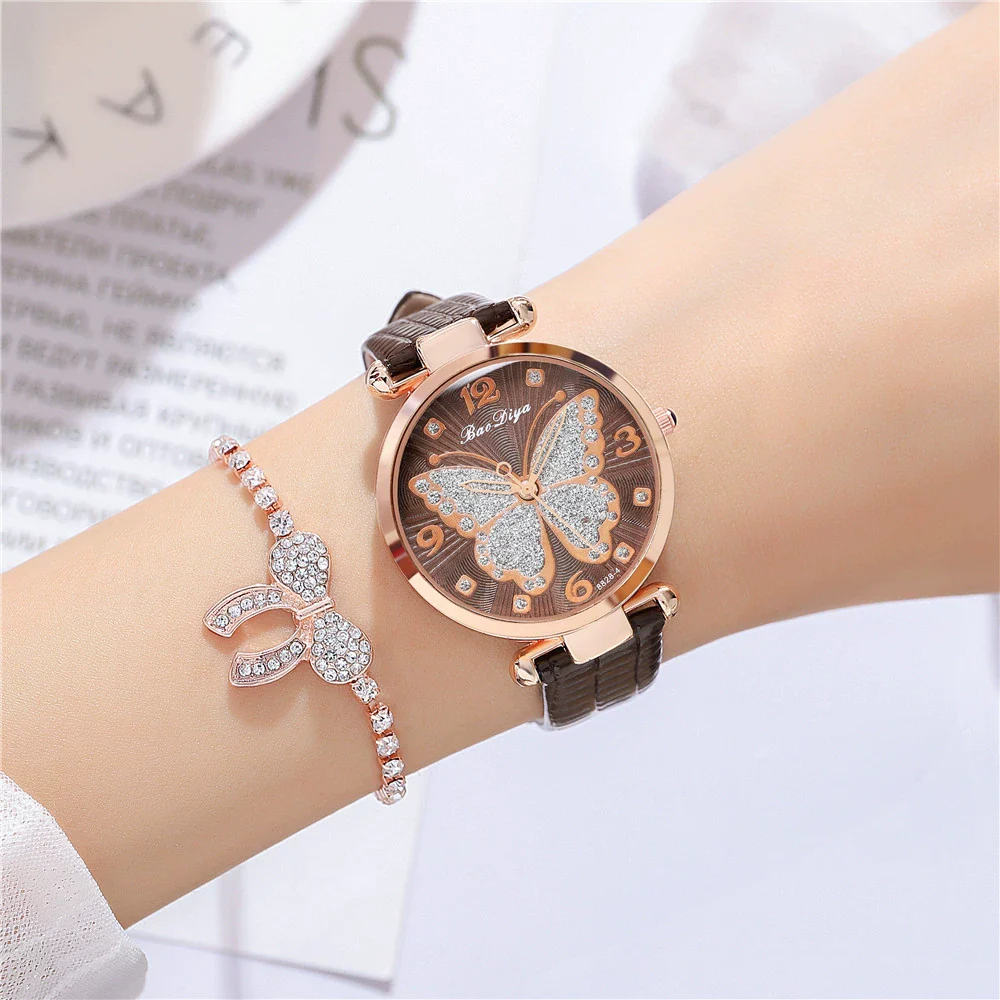 Women's Alloy And Pu Belt Watch With Glitter Face Butterfly Pattern And Round Dial - Image 2