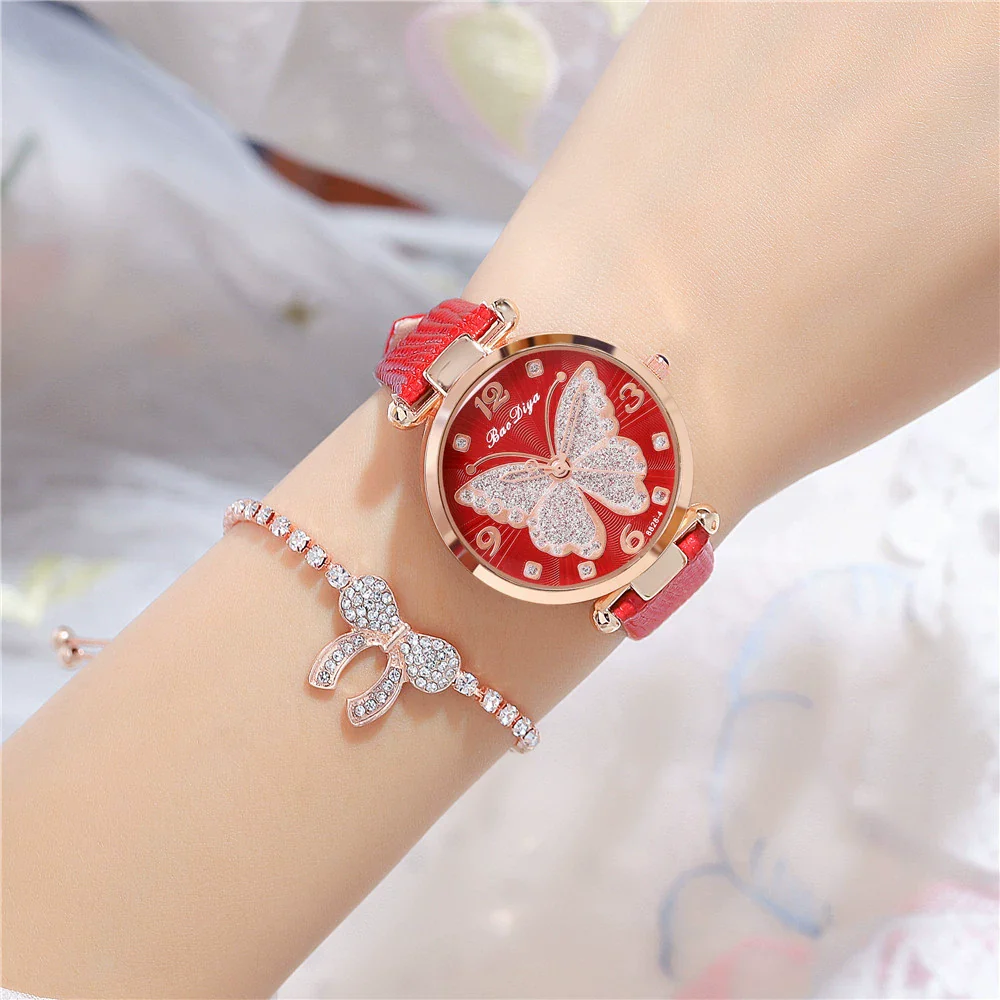 Women's Alloy And Pu Belt Watch With Glitter Face Butterfly Pattern And Round Dial - Image 3