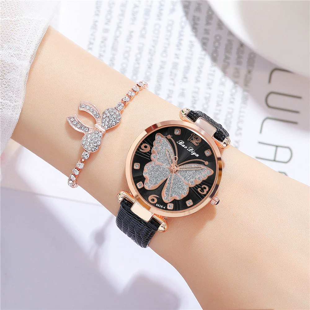 Women's Alloy And Pu Belt Watch With Glitter Face Butterfly Pattern And Round Dial - Image 4