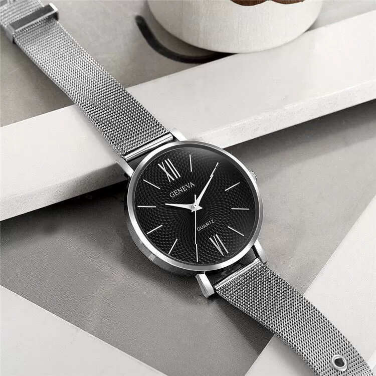 Women's Alloy And Stainless Steel Fashion Printed Round Dial Quartz Watch With Mesh Band - Image 4