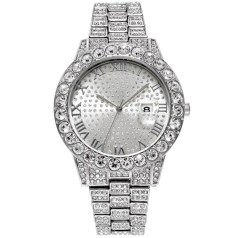 Women's Alloy And Stainless Steel Round Hiphop Fashion Calendar Quartz Watch With Explosion Diamond - Image 5