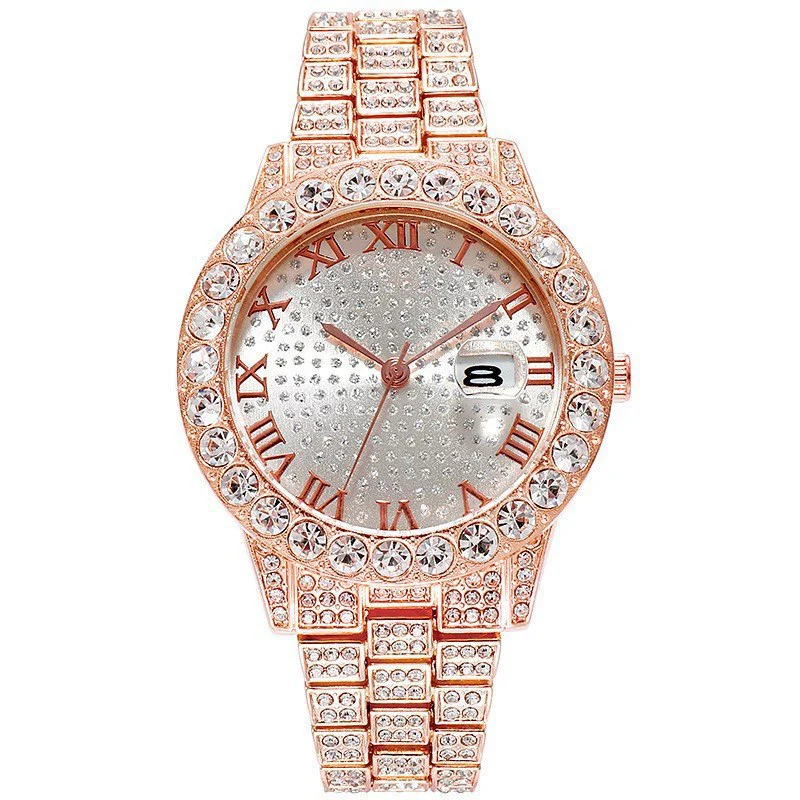 Women's Alloy And Stainless Steel Round Hiphop Fashion Calendar Quartz Watch With Explosion Diamond - Image 6