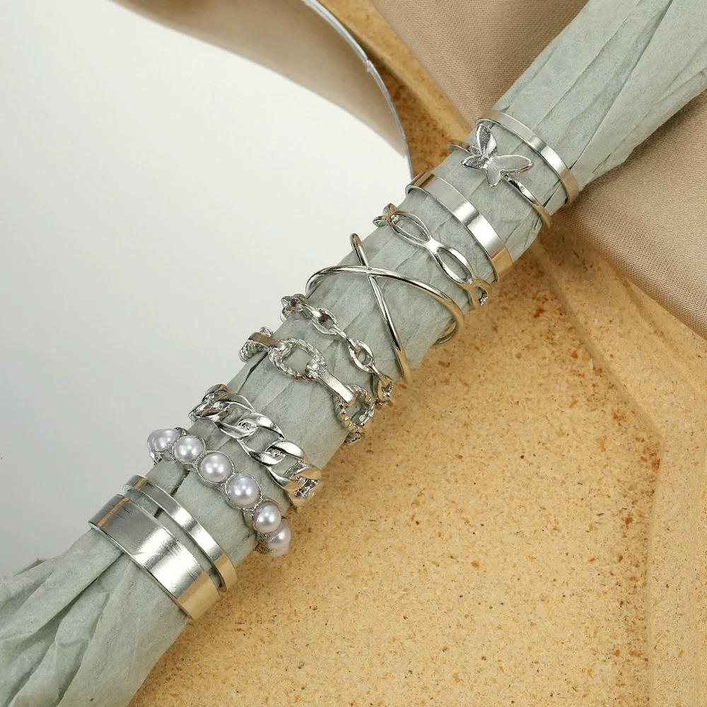 Women's Alloy Butterfly Pearl Ring Set With Geometric Style And Electroplating Treatment - Image 2