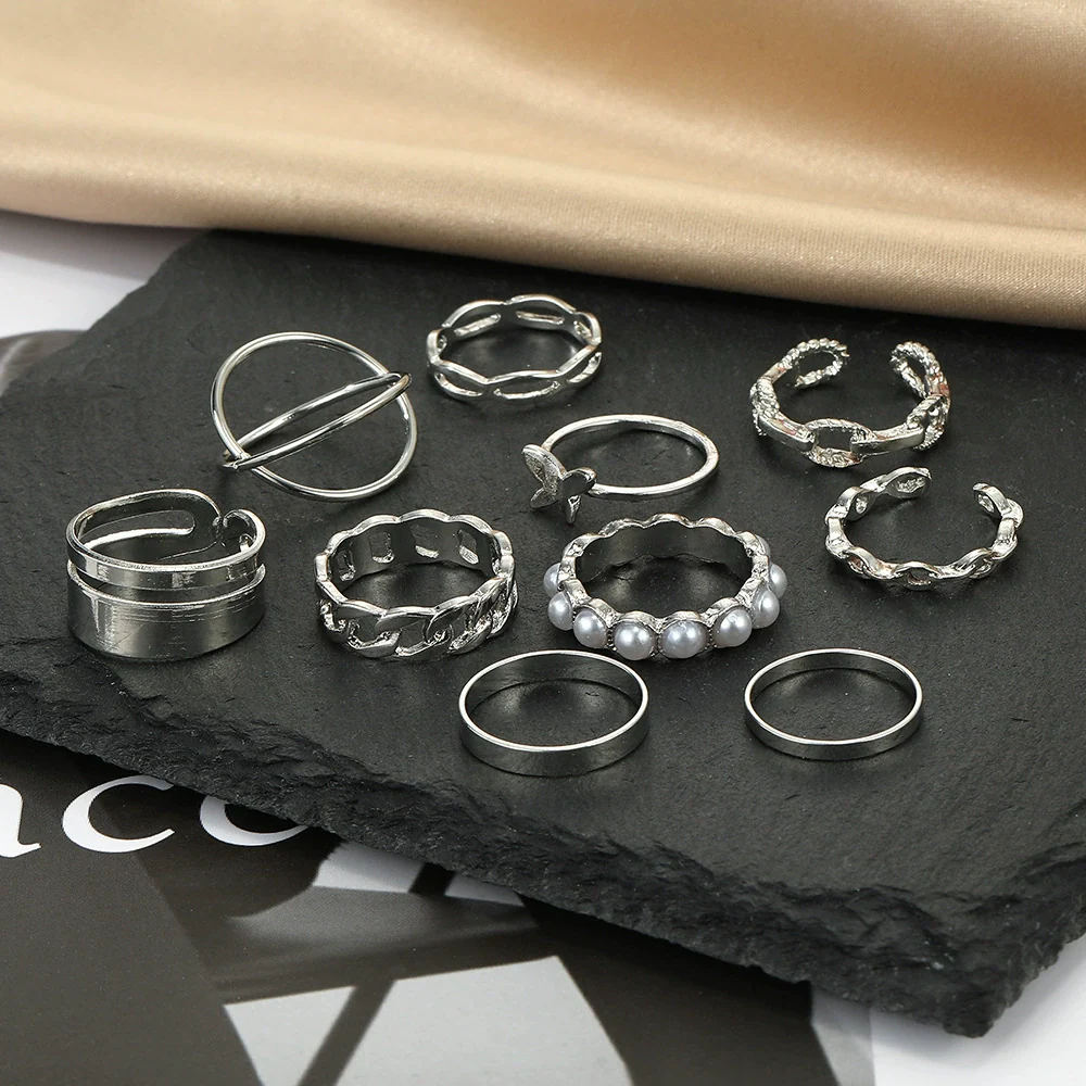 Women's Alloy Butterfly Pearl Ring Set With Geometric Style And Electroplating Treatment - Image 3