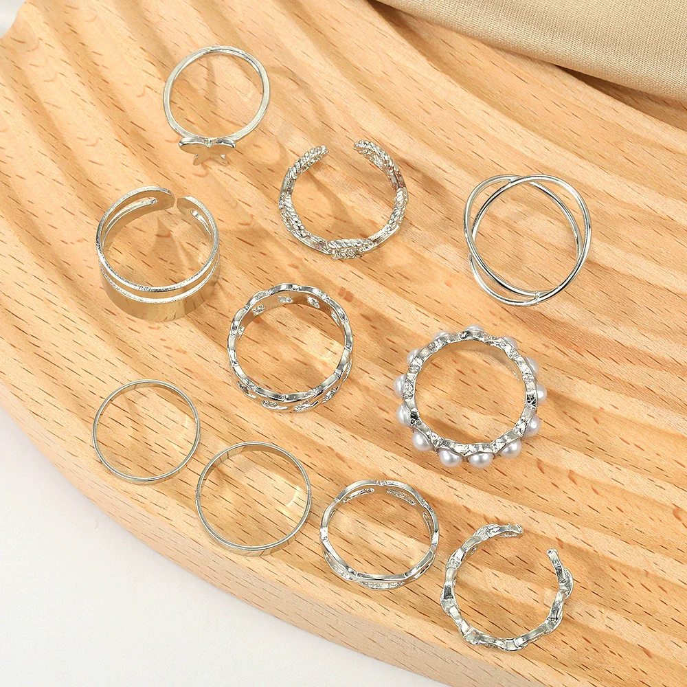 Women's Alloy Butterfly Pearl Ring Set With Geometric Style And Electroplating Treatment - Image 4