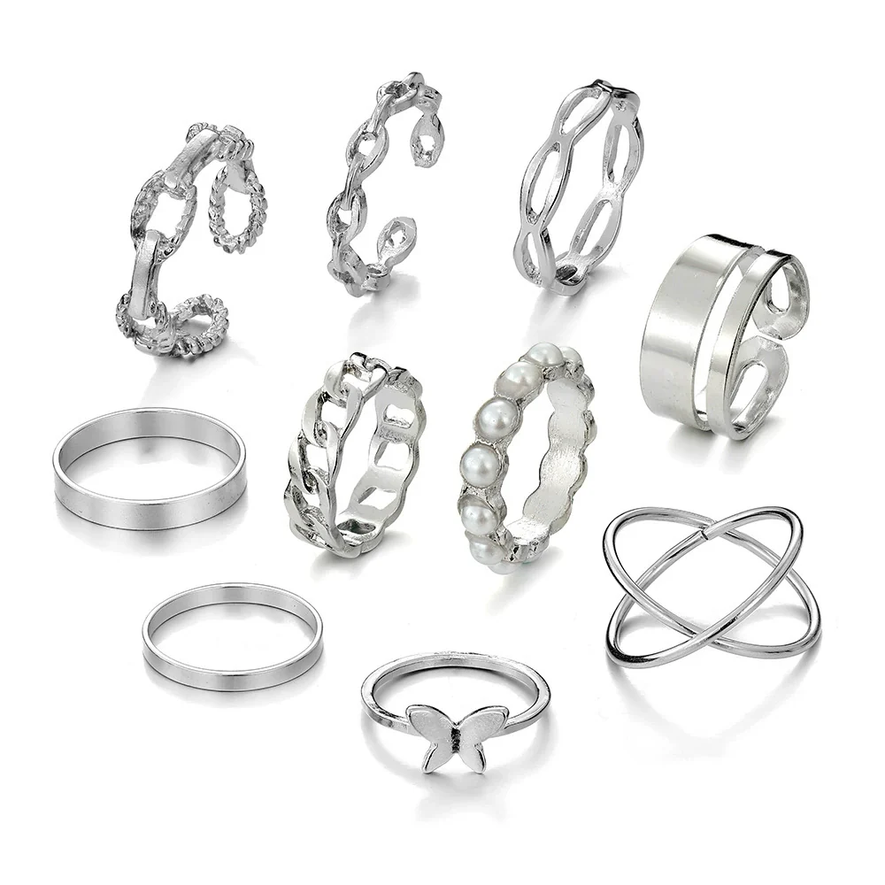 Women's Alloy Butterfly Pearl Ring Set With Geometric Style And Electroplating Treatment - Image 5