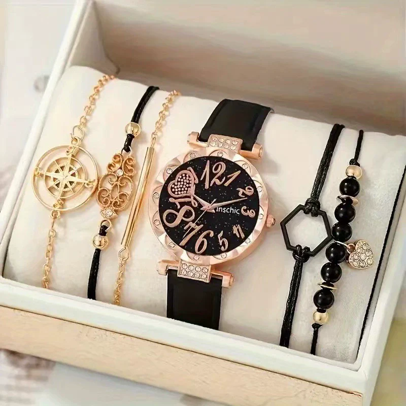 Women's Alloy Case And Strap Diamond Dial Quartz Watch Beaded Bracelet Set Round Dial Fashionable - Image 2
