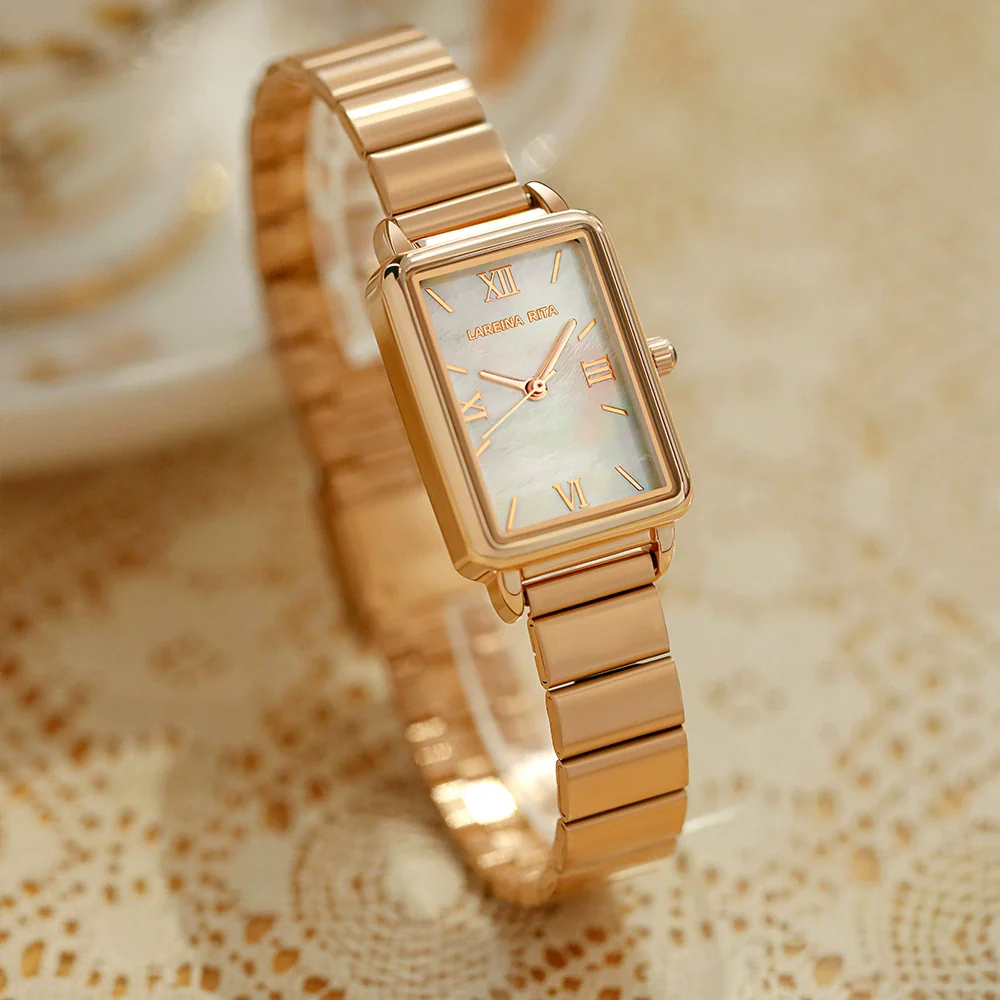 Women's Alloy Case Genuine Leather Strap Square Fashion Retro Waterproof Quartz Watch With Rose Gold Clasp And Mineral Strengthened Glass Mirror