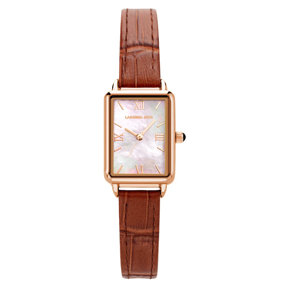 Women's Alloy Case Genuine Leather Strap Square Fashion Retro Waterproof Quartz Watch With Rose Gold Clasp And Mineral Strengthened Glass Mirror - Image 6