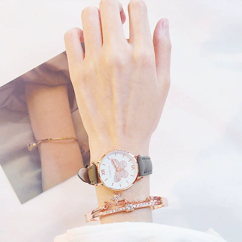 Women's Alloy Case Imitation Leather Strap Quartz Watch With Butterfly Dial And Star Bracelet Leisure Style - Image 6