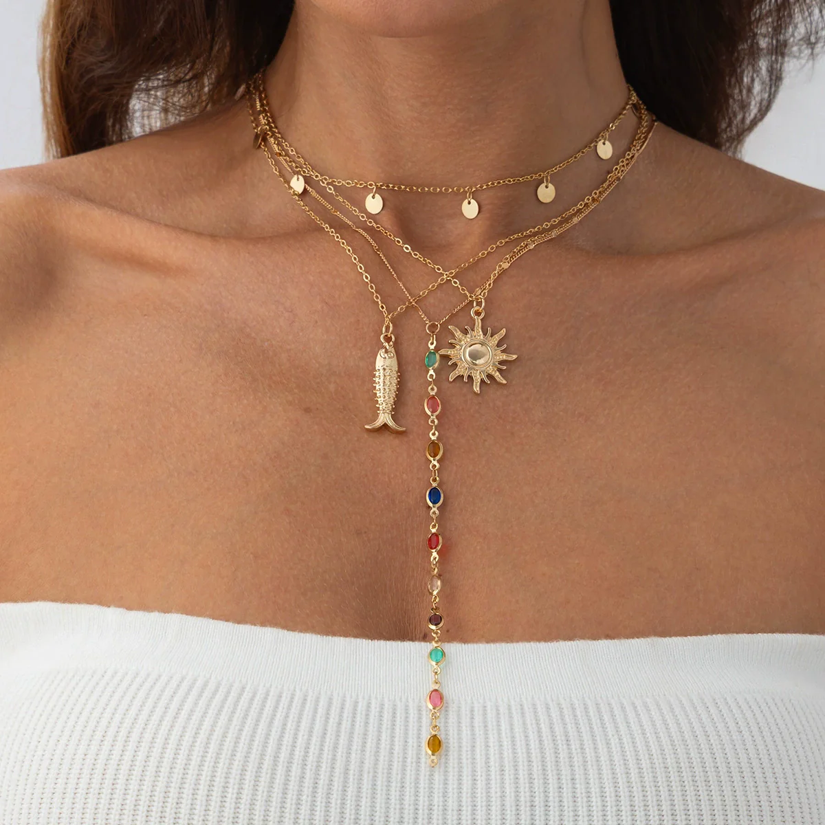 Women's Alloy Clavicle Chain With Colorful Crystal Sunflower Fish Pendant Star Geometric Animal Zodiac Pattern And Electroplating Design - Image 2