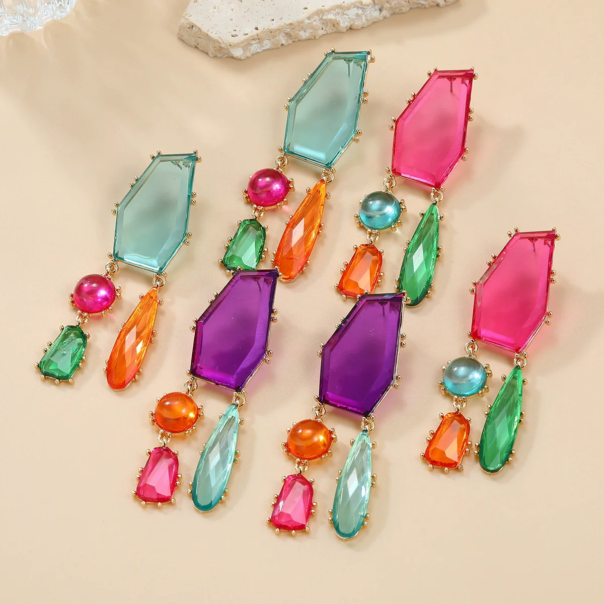 Women's Alloy Geometric Colored Diamond Earrings With Electroplating Design