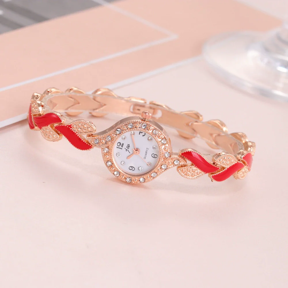 Women's Alloy Round Dial Quartz Watch And Leaf Bracelet Set - Image 4