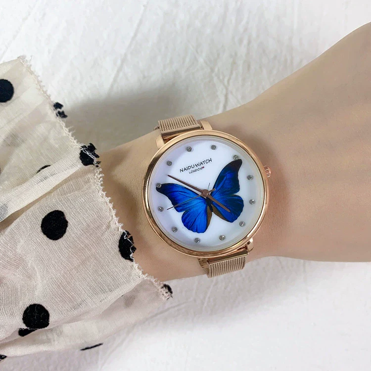 Women's Alloy Watch With Blue Butterfly Design Simple Elegant Fashion Style - Image 3