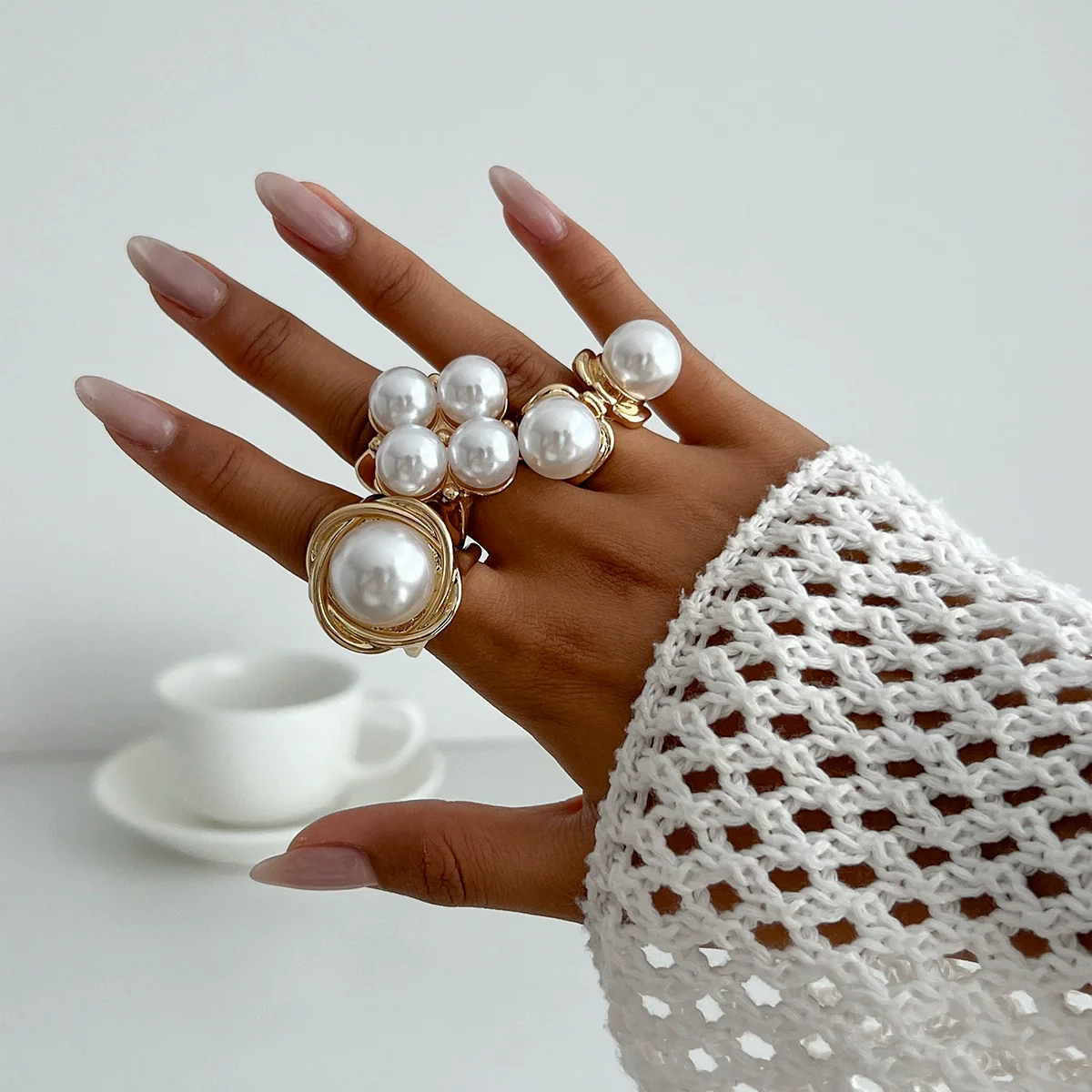 Women's Asymmetrical Metal Ring Alloy Geometric Internet Celebrity Style Electroplated Imitation Pearl Joint - Image 6